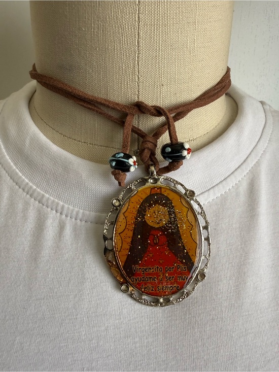 Jewelry - Handmade Virgenita Pendant Necklace in Brown with Amber Tones